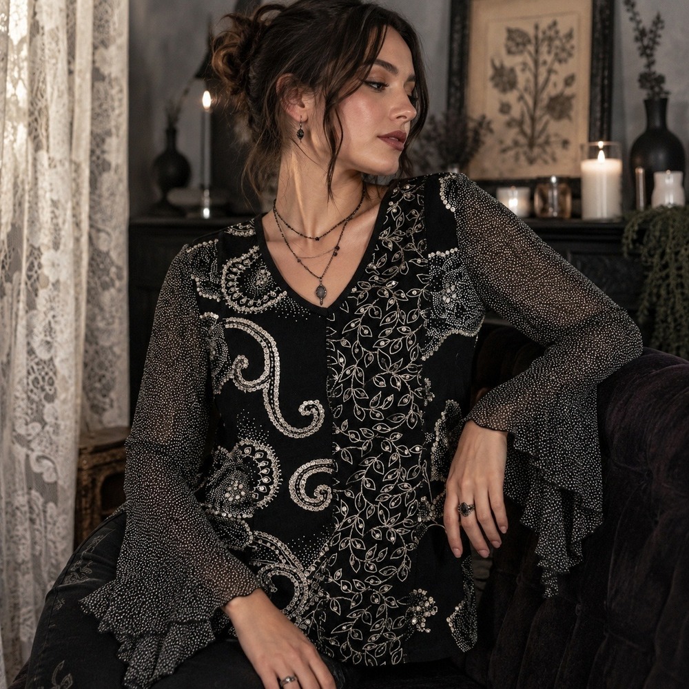 Y2K Boho Patchwork Beaded Top‎ Size L Sheer Bell Sleeve Whimsigoth Fairy Grunge